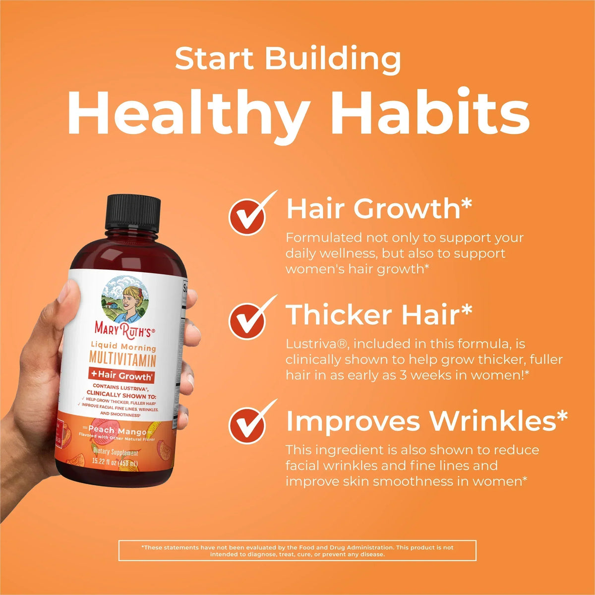 Liquid Multivitamin+Hair Growth | Clinically Tested for Thicker Hair & Facial Wrinkles in Women |  Vitamin C & D3 | Peach Mango 15 Fl Oz