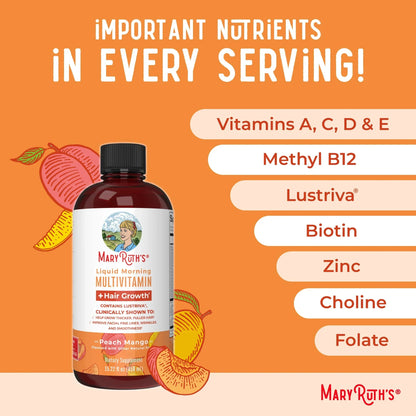 Liquid Multivitamin+Hair Growth | Clinically Tested for Thicker Hair & Facial Wrinkles in Women |  Vitamin C & D3 | Peach Mango 15 Fl Oz