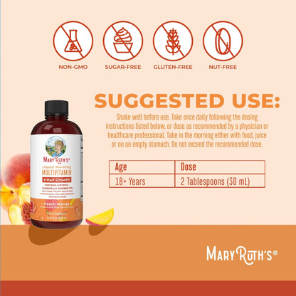 Liquid Multivitamin+Hair Growth | Clinically Tested for Thicker Hair & Facial Wrinkles in Women |  Vitamin C & D3 | Peach Mango 15 Fl Oz