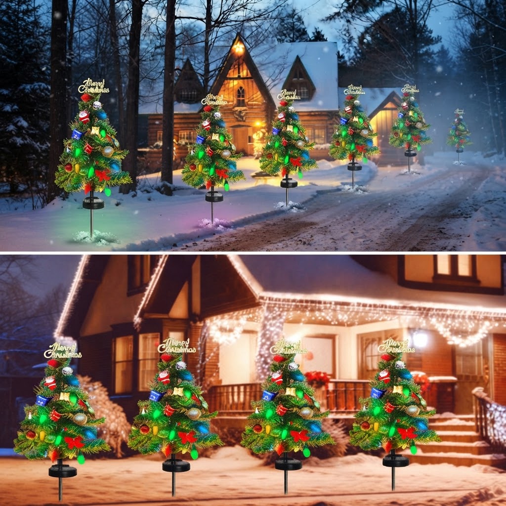 Solar Christmas Tree Stake Lights – Outdoor LED Pathway & Garden Decorations